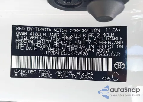 2024 Toyota Corolla Hybrid Le из США, поврежденный, VIN JTDBDMHE8R3009920